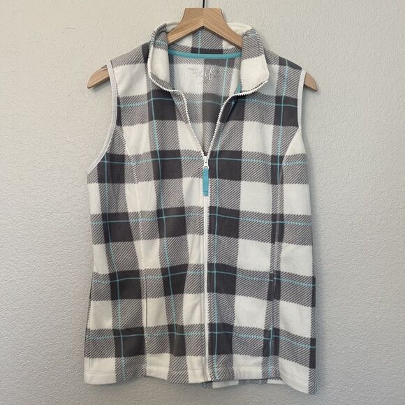Made for Life fleece Zip Up vest size large White Plaid Turquoise - Picture 1 of 6